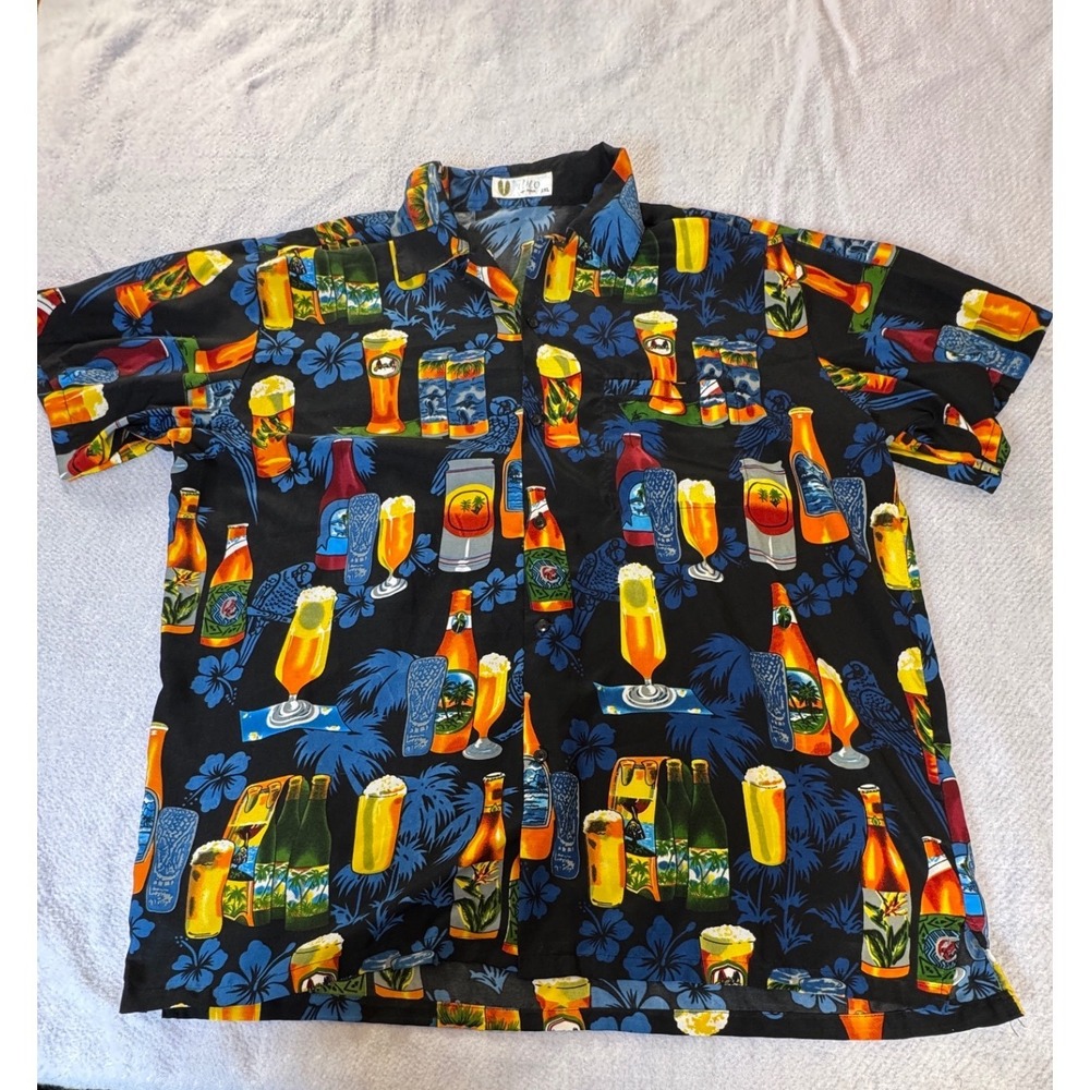 V.H.O. Mens 2XL Hawaiian Shirt Beer Tropical Drink Parrot Black Novelty Camp Top